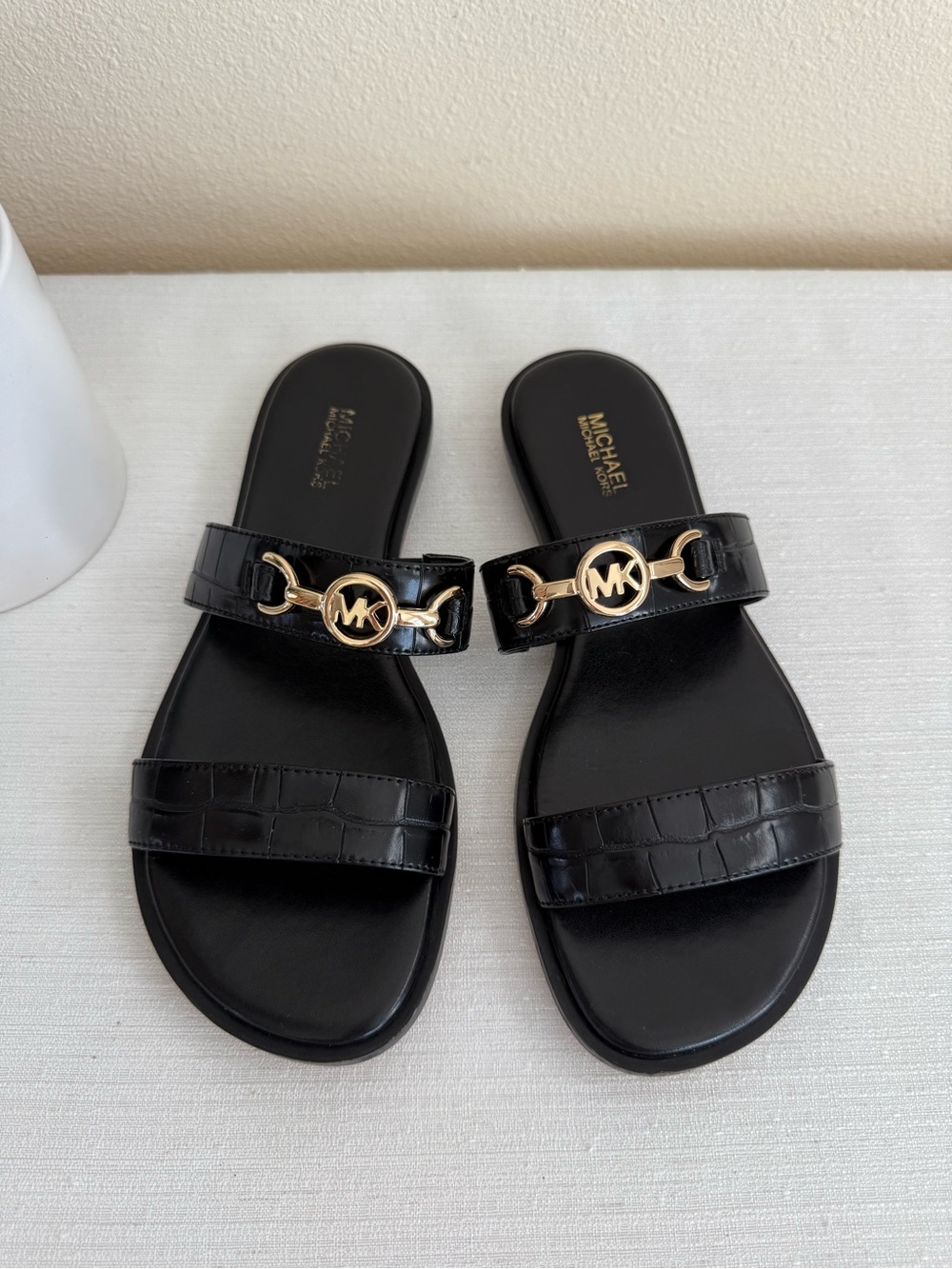 Michael Kors Black Croc-Embossed Slide Sandals with Gold Logo Accent